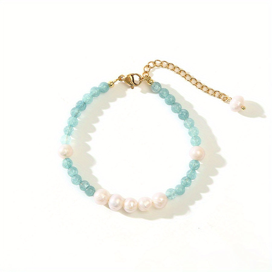 1Aquamarine round Freshwater Pearl Bracelet Light Luxury Ornament Minority all-match Elegant High Sense Vintage Bracelet