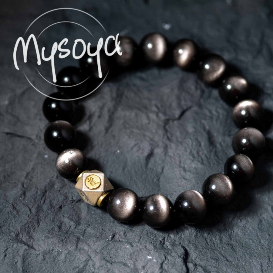 MYSOYA Bohemian Style Silver Obsidian Bracelet，Configuration10mm Beads - Elegant Gift Box Included，Suitable for Birthday、Anniversary、Wedding and Other Occasions