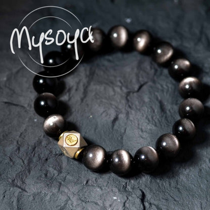 MYSOYA Bohemian Style Silver Obsidian Bracelet，Configuration10mm Beads - Elegant Gift Box Included，Suitable for Birthday、Anniversary、Wedding and Other Occasions