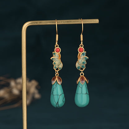 A Pair of Tribal Luxury24K Gold Plated Copper Earrings，with Imitation Jade Inlaid and Agate Pendant，Suitable for Women to Wear - Hypoallergenic Nickel-Free Stud Earrings，Suitable for Daily and Banquet Wear，Jewelry Suitable for All Seasons