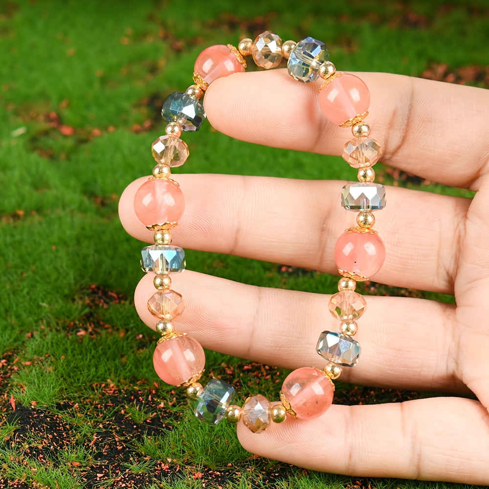 【Holiday Gift】Women's Lucky Crystal Bracelet - Attract Good Luck and Wealth，Perfect Gift for Birthday and Special Occasions，Ideal for Casual Clothing，Solid Bead Design with Faceted Pink and Blue Gems，Golden Tone，ARPURRAINA