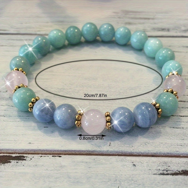 Bohemian Serenity Stone Bracelet - Amazon Stone、Aquamarine with Rose Quartz - Perfect for Love、Self-Love and Courage - Ideal Gift for Ladies