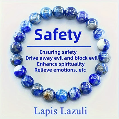 Fashion Style Lapis Lazuli Healing Beads - Natural Stone Elastic Jewelry，Provide Security、Exorcism、Promote Spirituality and Emotional Relief，Ideal for Couples，Perfect Gift for Halloween and Christmas