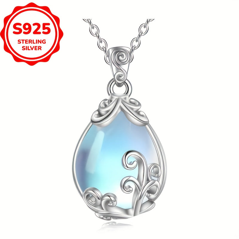 Elegant Sterling Silver S925 Necklace，With Moonstone Pendant and Teardrop Charm，Anti-Allergy 4.5 Gram - Perfect for Everyday Wear and Gift Giving，Moonlight，Women's Jewelry