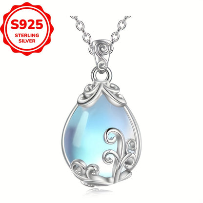 Elegant Sterling Silver S925 Necklace，With Moonstone Pendant and Teardrop Charm，Anti-Allergy 4.5 Gram - Perfect for Everyday Wear and Gift Giving，Moonlight，Women's Jewelry