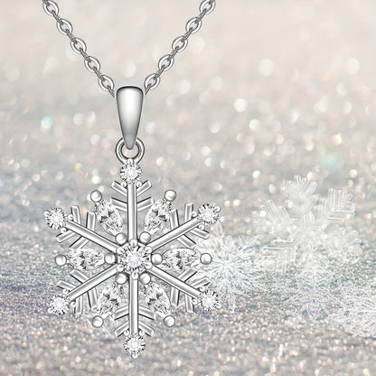 Women's Snowflake Necklace，925 Sterling Silver Winter Snowflake Pendant Necklace，Snow White Square Crystal Zirconia Friendship Jewelry Christmas Holiday Gift