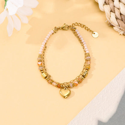 Stainless Steel Bracelet Bohemian Style Natural Stone Beaded Crystal Peach Heart Bracelet Double Layer Women's Bracelet，Ideal for Gifts，Suitable for Multiple Scenarios。