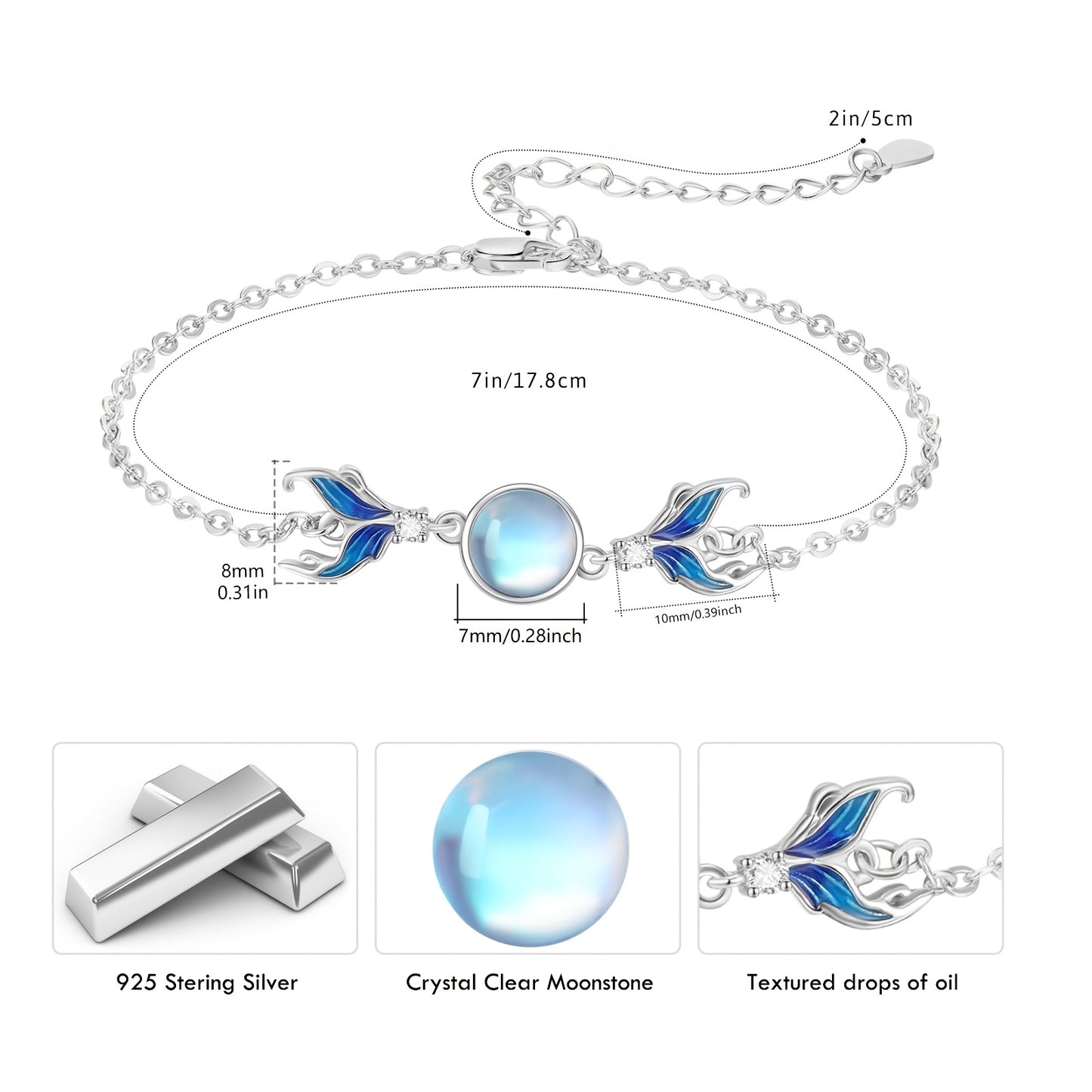 Mermaid Moonstone Bracelet，S925Sterling Silver Mermaid Moonstone Bracelet，Suitable for Ladies，Mermaid Bracelet，Moonstone Mermaid Jewelry Gift for Ladies