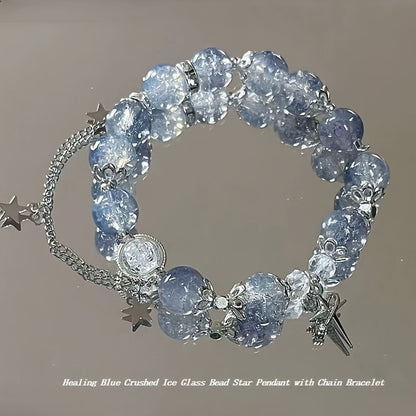 Fashionable and Exquisite Healing Blue Ice Crushing Micro Glass Bead Star Pendant Chain Stretch Bracelet，It Is the First Choice for Family and Friends Holiday Birthday Gift