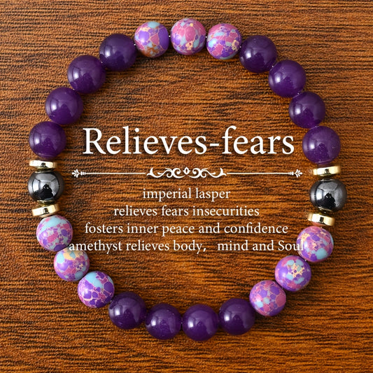 1pc Handcrafted Imperial Jasper & Amethyst Bead Bracelet - Elastic, Fragrance-Free Jewelry for Inner Peace & Confidence, Purple and Golden with Decorative Accents