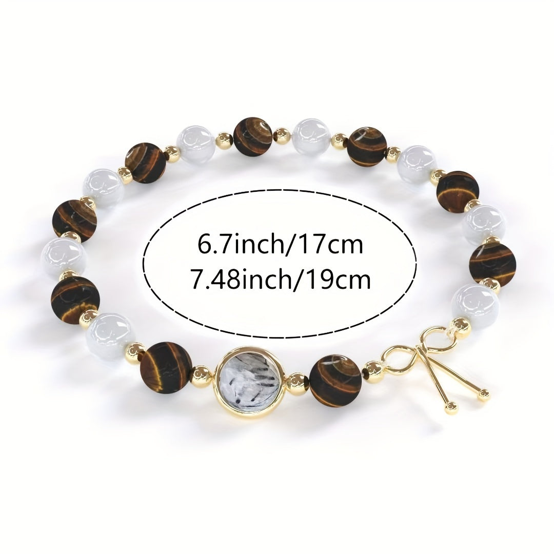 Elegant French Style Tiger Eye and Rock Quartz Bracelet，Gold Plating14K - A Perfect Christmas Gift，Multifunctional Daily Accessories，Enhance Courage and Confidence，Relieve Stress，Ideal Birthday Gift，Suitable for Women and Mothers