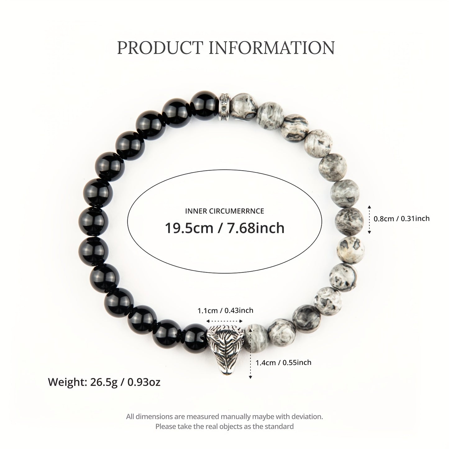 Natural Map Stone and Obsidian Beaded Bracelet，Pendant with Wolf Head，Handmade，Neutral and Universal Design，Suitable for Men and Women Casual and Formal Daily Wear，Thoughtful Gift for Friends and Family。