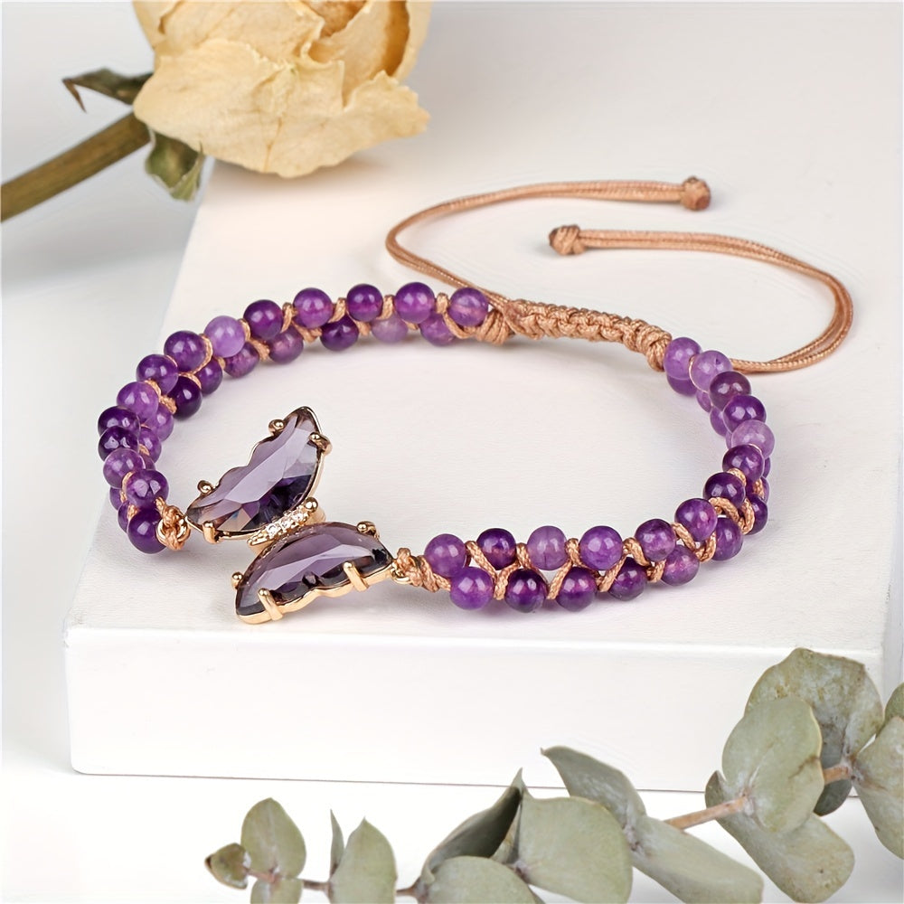 1Elegant Handmade4mm Double Layer Natural Stone Beads Bracelet，with Butterfly Pendant and Adjustable Drawstring，Perfect for Everyday Wear and Gift Giving，Jewelry Suitable for All Seasons