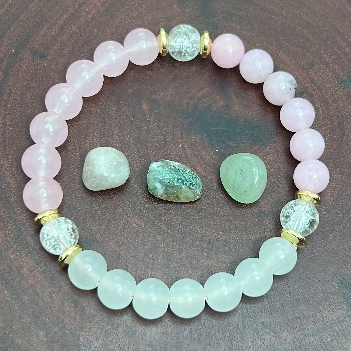 Lucky Moonstone Pink Opal Rose Quartz Beaded Bracelet - Healing Crystal Good Luck Charm Jewelry，Suitable for Men and Women - 1 Pieces