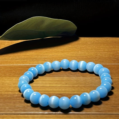 Blue Sky Cat Eye Crystal Beads Bracelet，Unisex Elastic Artificial Crystal round Beads Bracelet，1Only Friendship Gift Jewelry