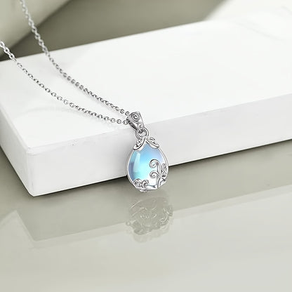 Elegant Sterling Silver S925 Necklace，With Moonstone Pendant and Teardrop Charm，Anti-Allergy 4.5 Gram - Perfect for Everyday Wear and Gift Giving，Moonlight，Women's Jewelry