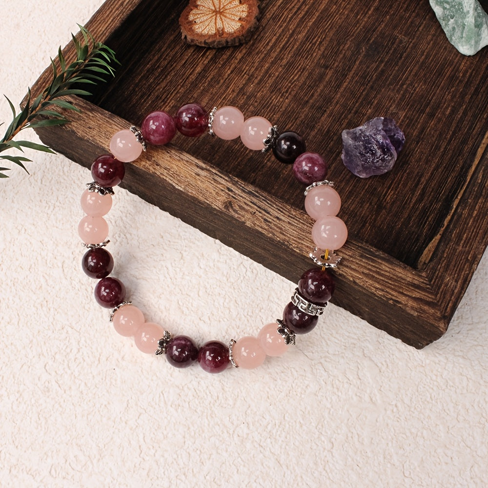 One Self-Love Natural Stone Love Stone Bracelet Rose Stone Ruby Handmade Elastic Jewelry Bracelet，Ideal Gift for Girlfriend on Valentine's Day