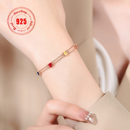 1Pieces 925Sterling Silver Seven-Color Gem Double-Layer Bracelet Women's Special-Interest Design Fashion Women's Stylish Pendant Bracelet Holiday Birthday Gift （0.099oz/2.82g）