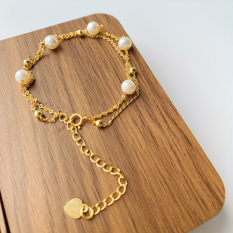 Handmade Natural Freshwater Pearl Bracelet、Double Chain Pearl Bracelet、Layer Gold Bracelet、Wedding Bracelet、Bridesmaid Gift、Christmas Gift、Valentine's Day Gift、Holiday Gift、Mother's Day Gift