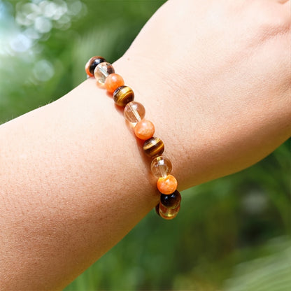 A Tigereye and Citrine Crystal Bead Bracelet - 1Pieces - Gem Elastic Wristband for Fortune and Success - Solid Format Accessories - Ideal Gift for Friendship and Party