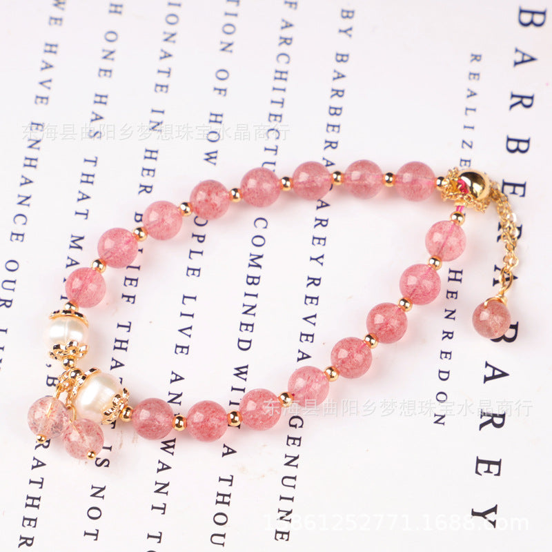 Raindrop Style 14k Gilded Natural Red Strawberry Quartz plus Freshwater Pearl Bracelet Bracelet Hand Knitting Ornament Wholesale