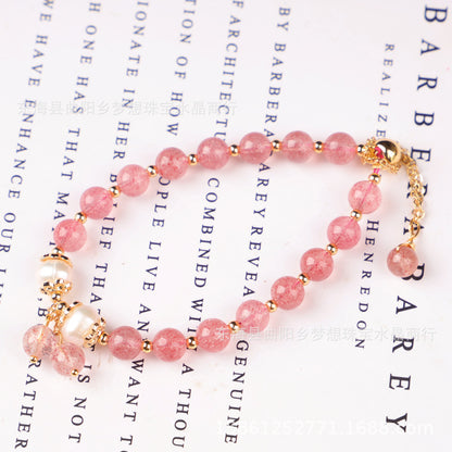 Raindrop Style 14k Gilded Natural Red Strawberry Quartz plus Freshwater Pearl Bracelet Bracelet Hand Knitting Ornament Wholesale