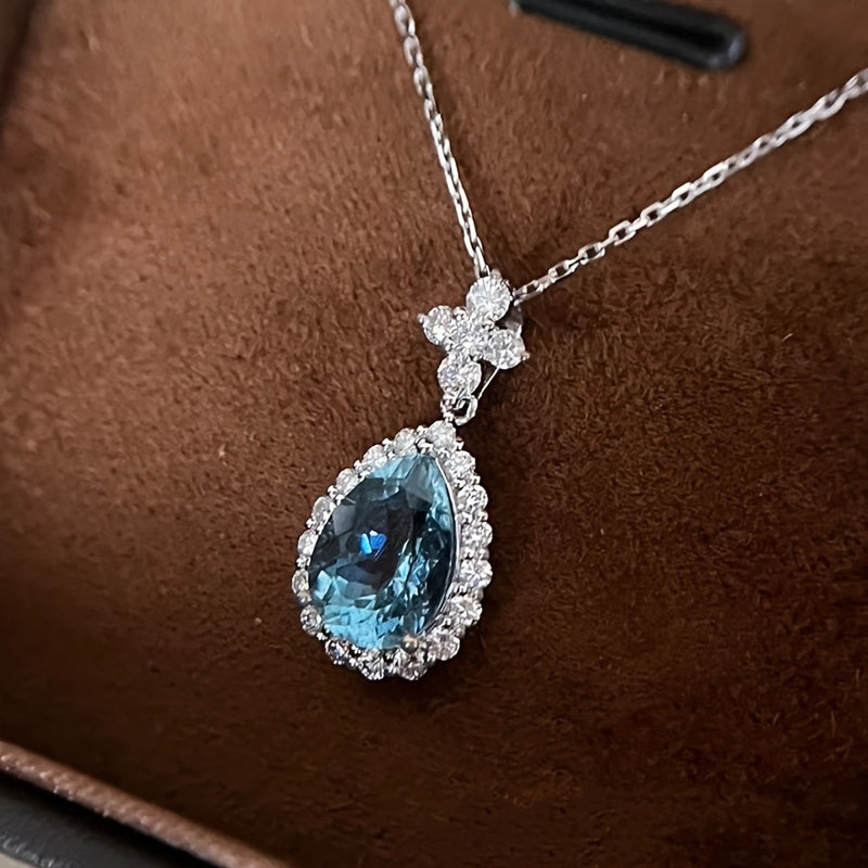 S925Sterling Silver Ocean Blue Zircon Necklace Fashion Simple Special-Interest Design Light Luxury Water Drop Pendant Clavicle Chain Women's Retro Palace Luxury Classic High-End Blue Tears European and American