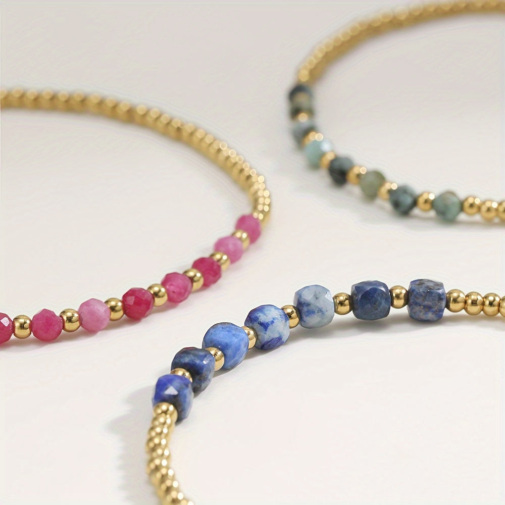 【Popular Choice】1 Elegant Simple Adjustable Bracelet，Matching 18K Gold Plated Stainless Steel and Natural Stone Beads - Moonstone、Rose Quartz、Lapis Lazuli |Ideal Everyday Wear Or Gift for Ladies，Bracelet beads