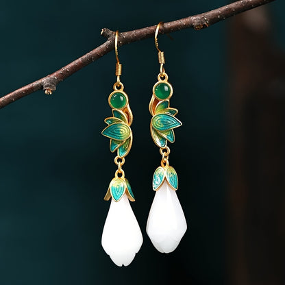 A Pair of Tribal Luxury24K Gold Plated Copper Earrings，with Imitation Jade Inlaid and Agate Pendant，Suitable for Women to Wear - Hypoallergenic Nickel-Free Stud Earrings，Suitable for Daily and Banquet Wear，Jewelry Suitable for All Seasons