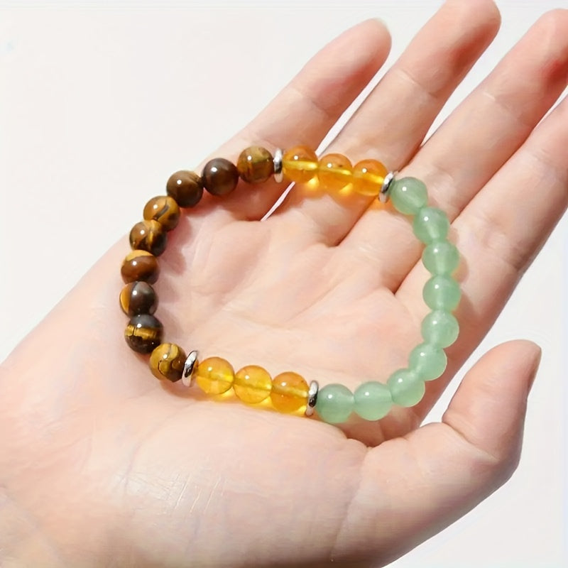 1Strip8mm Tiger Eye Natural Citrine Lucky Protection Elastic Bracelet，Suitable for Men/Ladies，Bohemian Jewelry，Daily Wear Bracelet，Exquisite Bead Bracelet，Gift for Her