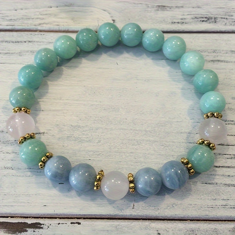 Bohemian Serenity Stone Bracelet - Amazon Stone、Aquamarine with Rose Quartz - Perfect for Love、Self-Love and Courage - Ideal Gift for Ladies