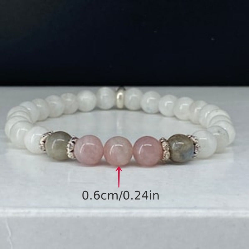 Elegant Natural Pink Roses Quartz Moonstone White Porcelain Beads Bracelet，Non-Coated Rock Crystal Decoration，Suitable for Daily Wear and Wedding，Suitable for All Seasons，Ideal Christmas Gift