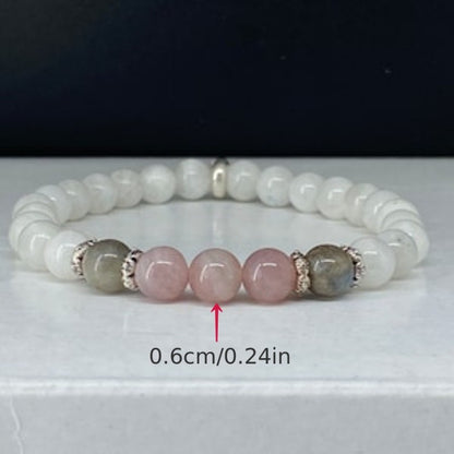 Elegant Natural Pink Roses Quartz Moonstone White Porcelain Beads Bracelet，Non-Coated Rock Crystal Decoration，Suitable for Daily Wear and Wedding，Suitable for All Seasons，Ideal Christmas Gift