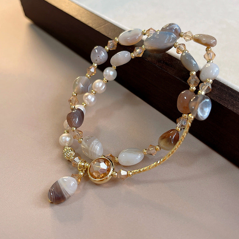 Elegant Double-Layer Pearl and Gem Bracelet - Women's Luxury White Jewelry