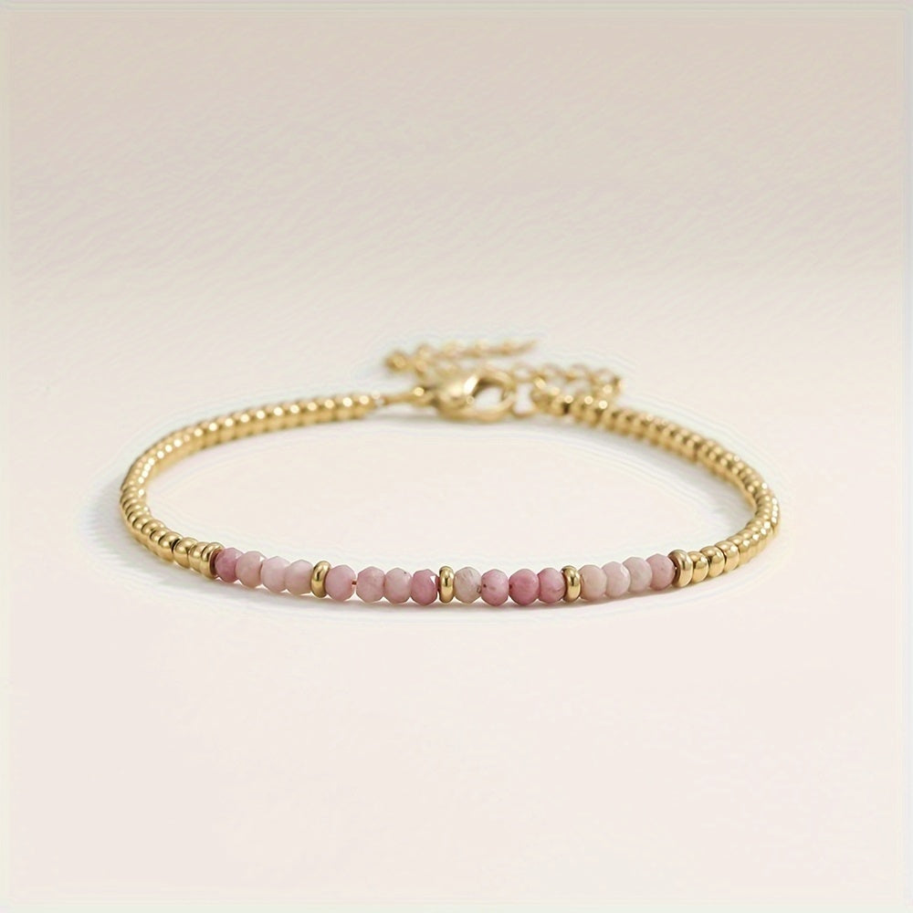 【Popular Choice】1 Elegant Simple Adjustable Bracelet，Matching 18K Gold Plated Stainless Steel and Natural Stone Beads - Moonstone、Rose Quartz、Lapis Lazuli |Ideal Everyday Wear Or Gift for Ladies，Bracelet beads