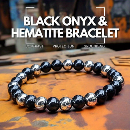 1个，Black Onyx and Hematite Bracelet，Match Beads，Hip Hop Gothic Style，Color collision design，Ideal Gift for Family and Friends