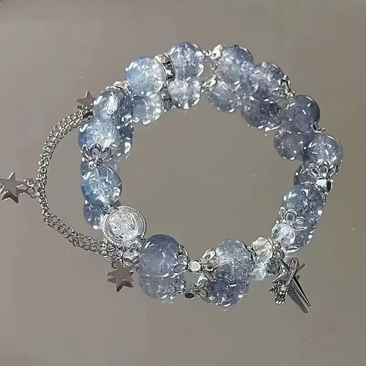 Fashionable and Exquisite Healing Blue Ice Crushing Micro Glass Bead Star Pendant Chain Stretch Bracelet，It Is the First Choice for Family and Friends Holiday Birthday Gift