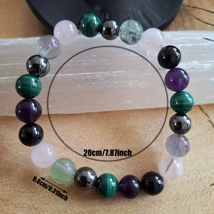 1One Natural Stone Beads Protection Bracelet - Pink crystal、Malachite、Hematite、Fluorite、Amethyst and Black Tourmaline - Jewelry Gift