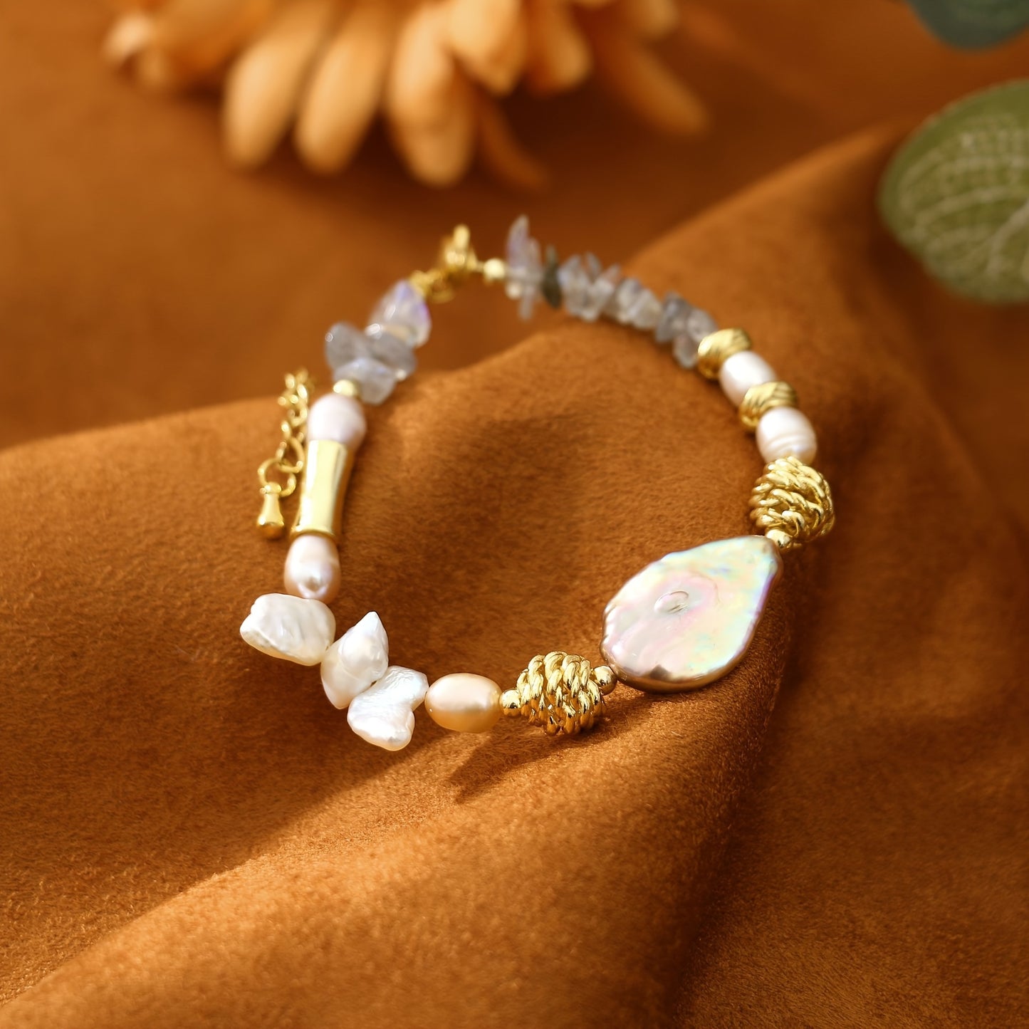 Elegant Moonstone with Freshwater Pearl Bracelet - Unique Baroque Design，Perfect Gift for Best Friend