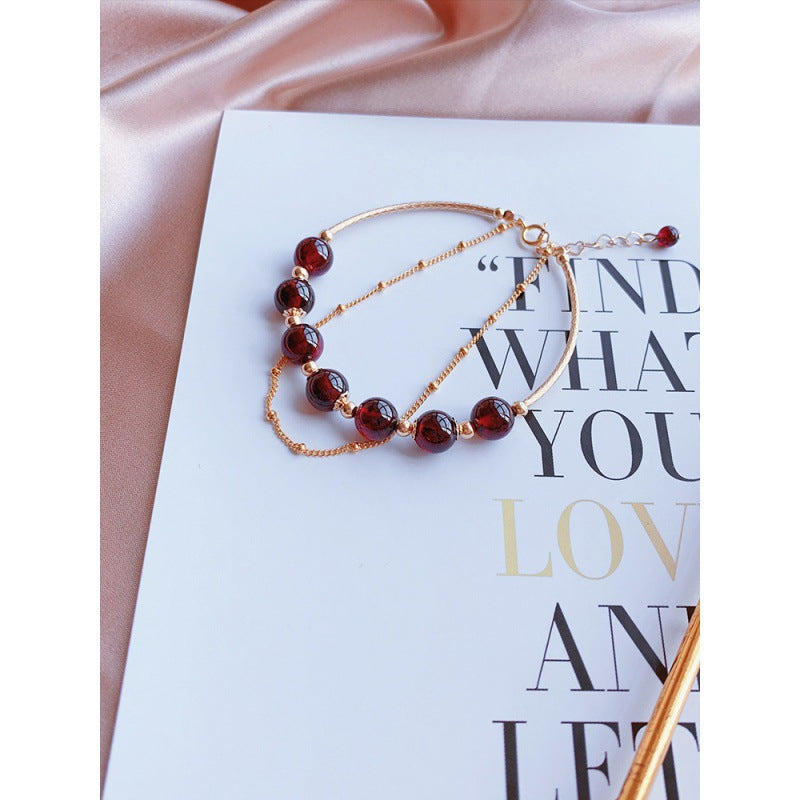 Natural Claret Garnet Bracelet for Women14k Gilded Double Layer lolita Student Korean Style Fashion Simple