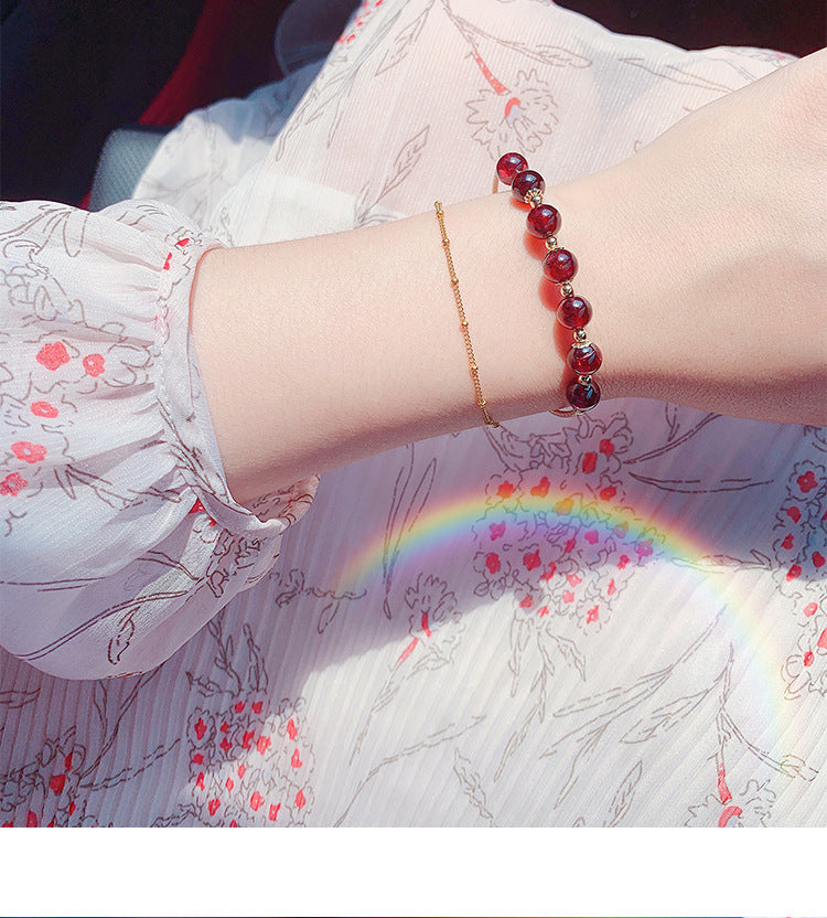 Natural Claret Garnet Bracelet for Women14k Gilded Double Layer lolita Student Korean Style Fashion Simple