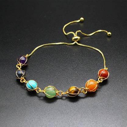 Natural Stone Seven-Color Carat Crystal14K Gilded Hand-Woven Adjustable Lady Fresh Bracelet