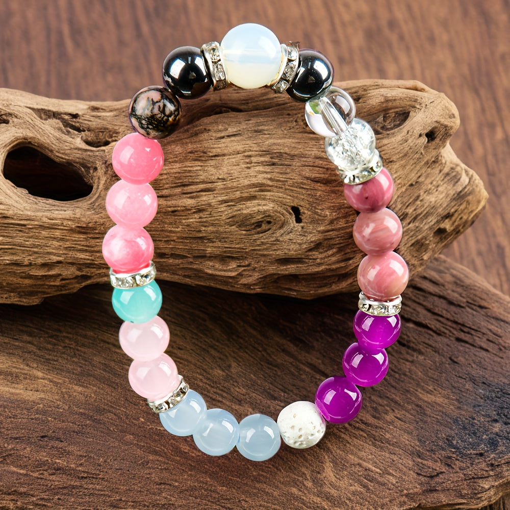 Handmade Crystal Bracelet - Rose Quartz、Tigereye and Mixed Gems，Bohemian Style Cute Elastic Jewelry，April Birthday Stone，Suitable for Daily Wear and Gifts，Christmas Preparation，Full of Prosperity Energy