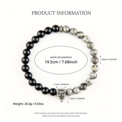 Natural Map Stone and Obsidian Beaded Bracelet，Pendant with Wolf Head，Handmade，Neutral and Universal Design，Suitable for Men and Women Casual and Formal Daily Wear，Thoughtful Gift for Friends and Family。