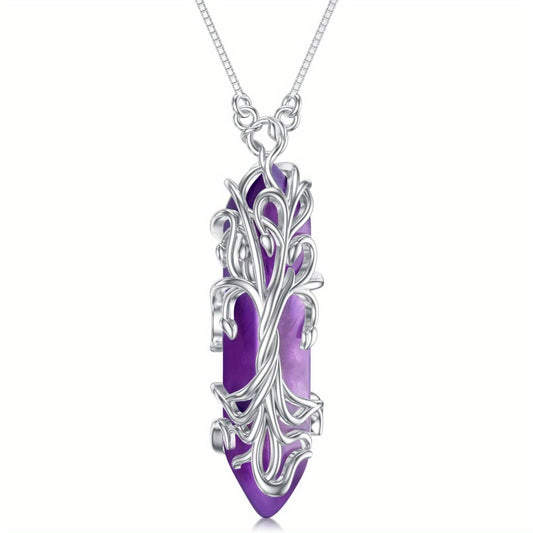 Elegant Tree of Life Amethyst Pendant Necklace，925Sterling Silver，White gold plated，Simple Hexagonal Energy Jewelry，Suitable for Daily Wear and Gifts，The Perfect Choice for Valentine's Day