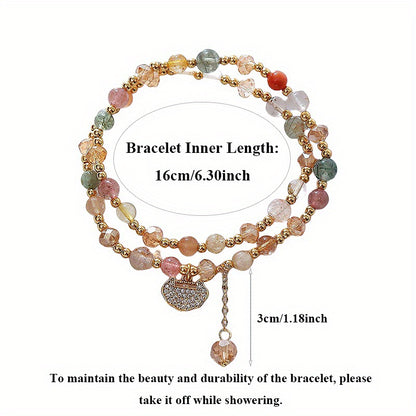 Double Layer Rainbow Stone Beads Bohemian Crystal Bracelet，Shiny Longevity Lock Charm，Sweet and Fashionable Strawberry Stone Bracelet，Suitable for Women to Wear