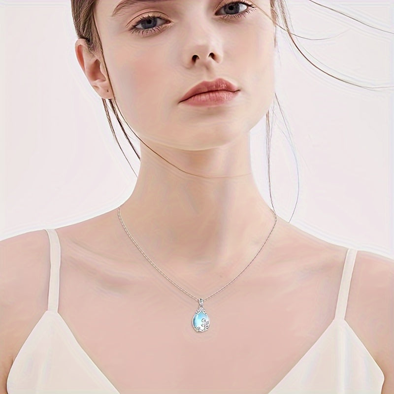 Elegant Sterling Silver S925 Necklace，With Moonstone Pendant and Teardrop Charm，Anti-Allergy 4.5 Gram - Perfect for Everyday Wear and Gift Giving，Moonlight，Women's Jewelry