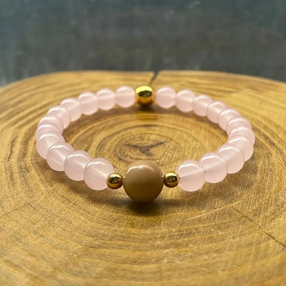 Bohemian Style Natural Rose Stone British and Moonstone Stretch Bracelet，Lovely February Born Stone Jewelry Attracting Love，Perfect Daily Wear and Gift Accessories，No Coating - Suitable for All Seasons，Ideal Choice for Valentine's Day - 1Pieces