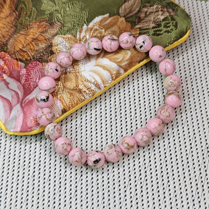 Elegant8.5mm Pink and White Marble Natural Stone Beads Bracelet - Traditional Chinese Style，Versatile Accessories for All Occasions，Ideal Gift for Relatives