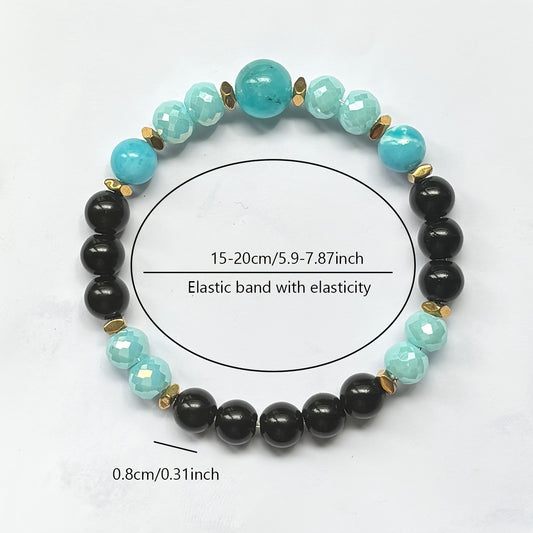 Bohemian Style Aquamarine and Obsidian Beaded Bracelet - Valentine's Day Fashion Jewelry Gift